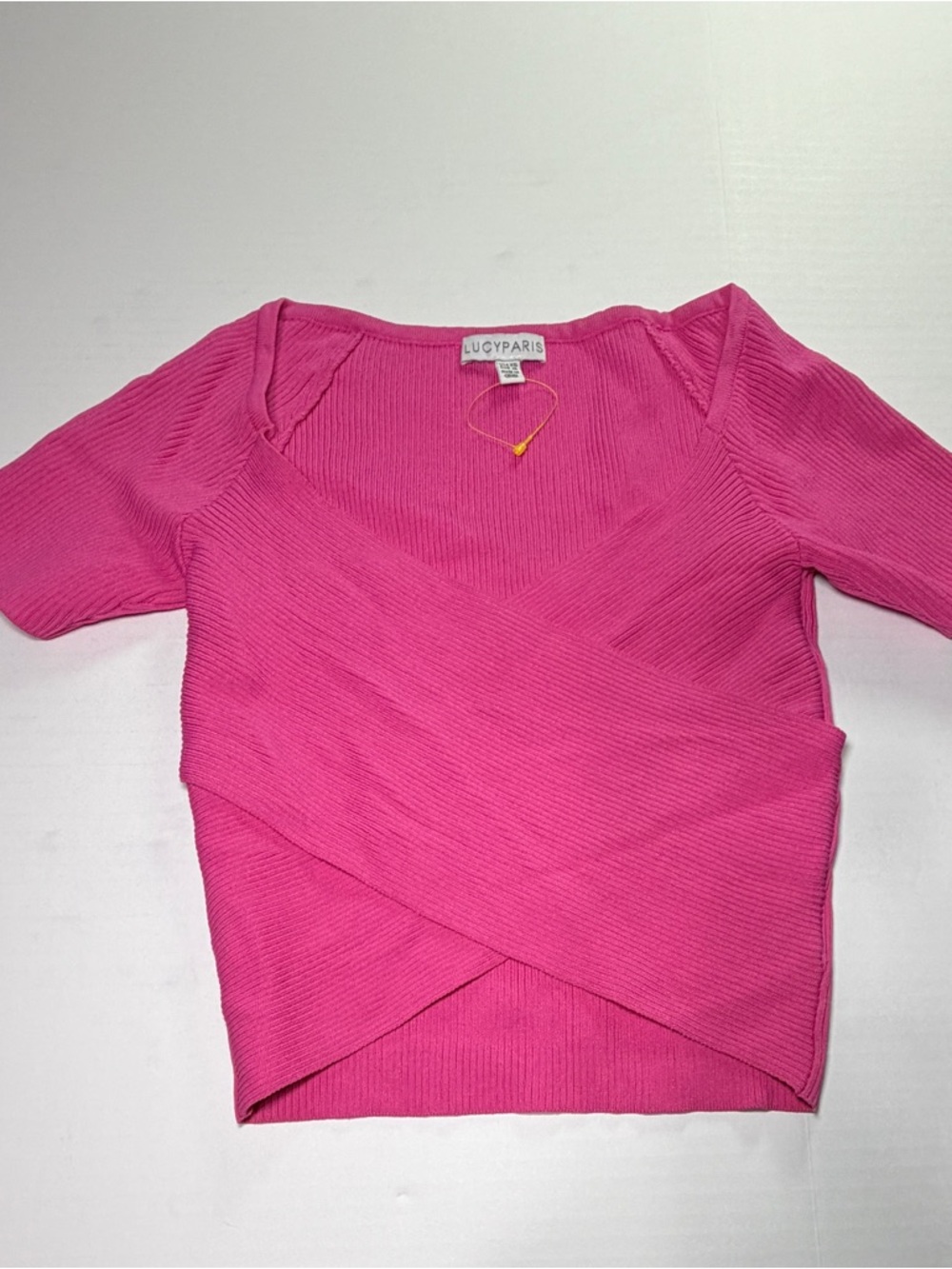Lucy Paris Pink Ribbed Wrap Top V Neck Fitted Short Sleeve Knit XS